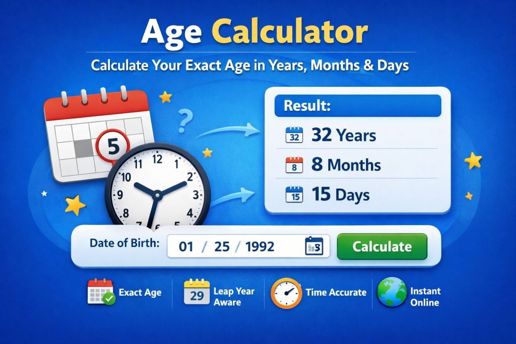 Exact age calculator showing age in years, months, and days from date of birth