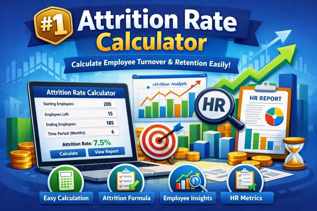 Attrition rate calculator showing employee turnover calculation, HR metrics dashboard, and workforce analytics example