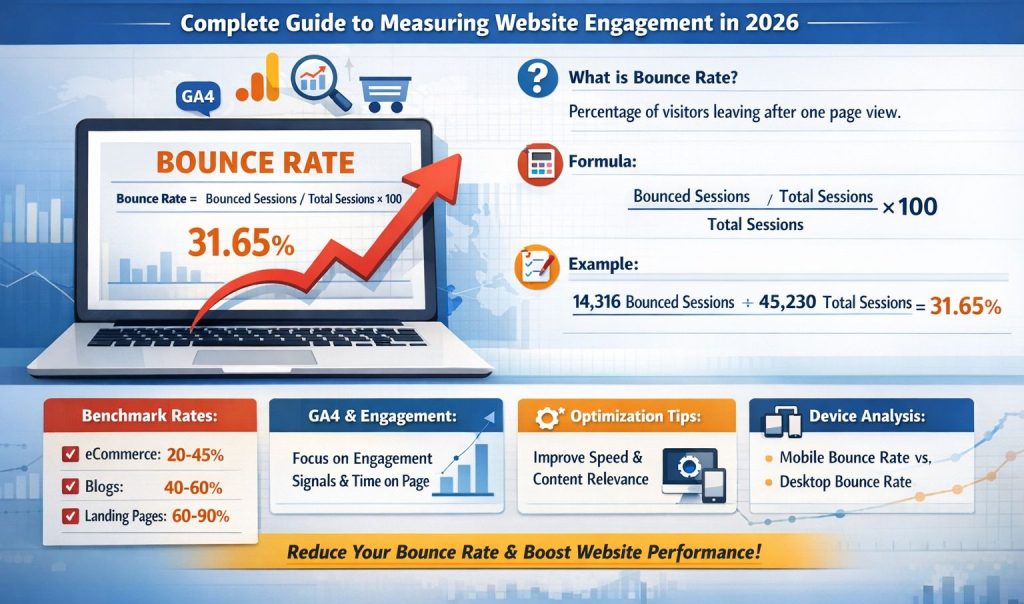 Bounce rate calculator showing formula with step-by-step calculation example and percentage results on analytics dashboard